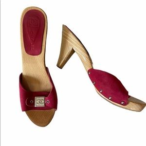 Auth Red Chanel Suede Wooden Buckle CC Clog Sandal Heels Sz 9